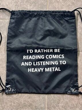 Black Drawstring Bag with White Heavy Metal & Comics Graphic